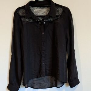 Black Sheer Button-Up Blouse L